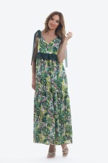 Rochie lunga din viscoza cu imprimeu vegetal verde Bali