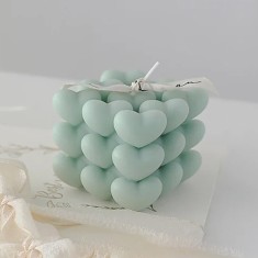 Lumanare Parfumata Decorativa, Model Abstract Cub din Inimioare, Lumanare pentru Diferite Ocazii, 6 x 5.5 cm, Aroma de Salvie si Sare de Mare, Verde foto