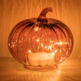 Decor Din Sticlă Luminos, Dovleac Halloween, Portocaliu, LED-uri Incluse, 16x14.5cm, Oem