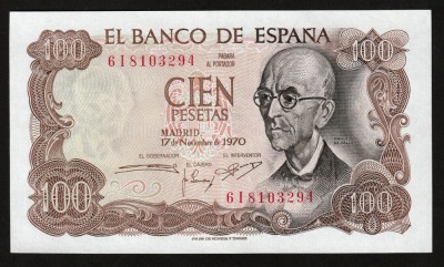 Spania, 100 pesetas 1970_aUNC_M. de Falla/ resedinta regilor Granada_6 I 8103294 foto