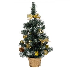 Brad de Crăciun Decorativ, Ghiveci Auriu, 20 LED-uri, Globuri Aurii, Verde, 50cm