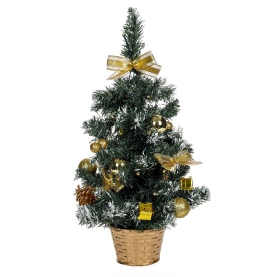Brad de Crăciun Decorativ, Ghiveci Auriu, 20 LED-uri, Globuri Aurii, Verde, 50cm foto
