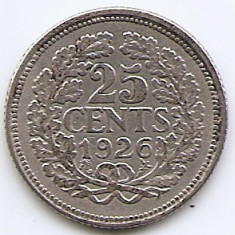 Olanda 25 Cents 1926 - Wilhelmina, Argint 3.575g/640, 19 mm KM-164
