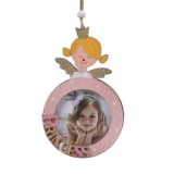 Ornament de Brad din Lemn pentru Poza, Inger cu Rama Rotunda, 10x17cm, CMCLASS
