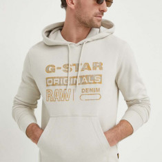 G-Star Raw hanorac de bumbac barbati, culoarea bej, cu glugă, cu imprimeu