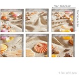 Sticker Antiderapant cu Striatii, Peisaj de Plaja cu Nisip si Scoici pentru Cada si Cabina de Dus, Design Premium, 6 Bucati /Stiker 15 x 15 cm, CBD CO