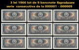 Reproducere Bancnote 3 Lei 1966, Serie Consecutiva 1-9, Replica Bancnota Romaneasca
