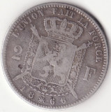 Moneda Belgia - 2 Francs 1866 - Text francez - Argint, Europa