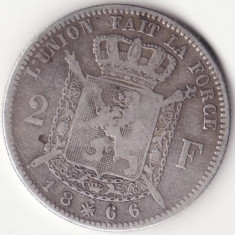 Moneda Belgia - 2 Francs 1866 - Text francez - Argint