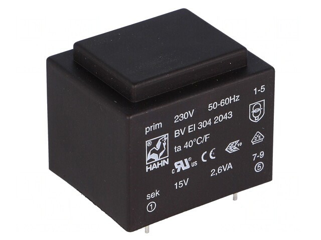 Transformator &icirc;ncapsulat 2,6VA 230VAC 15V PCB