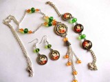 Set Bijuterii Handmade: Colier, Cercei &amp; Bratara Sticla Verde-Portocaliu. Accesorii Cristale, Cadou Bijuterii Femei
