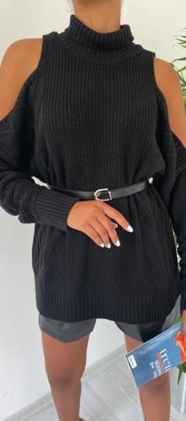 Pulover Tricotat Negru Cu Umerii Goi, Berenice