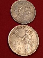 Lot 2 monede argint Romania: 500 lei 1944 + 100.000 (100000) lei 1946,aUNC+/UNC-.Discount 10 % pentru achizitii minime cumulate,in valoare de 550 lei. foto