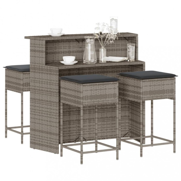 Set mobilier bar de grădină, cu perne, 5 piese, gri, poliratan
