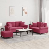 VidaXL Set canapele cu perne, 3 piese, roșu vin, catifea