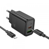 Incarcator Retea Cu Cablu USB-C HOCO N61, 20W, 3A, 1 x USB-A - 1 x USB-C, Negru