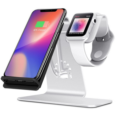 Stand de incarcare wireless 2 in 1 pentru iPhone si iWatch, din aluminiu foto