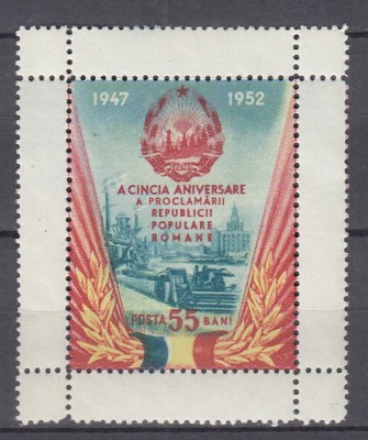ROMANIA 1952 LP 335 A 5-A ANIVERSARE A PROCLAMARII R. P. R. SARNIERA foto