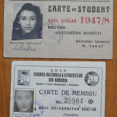 Facultatea de Litere Bucuresti , Carte de student si carte de membru UNSR , 1946