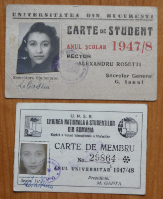 Facultatea de Litere Bucuresti , Carte de student si carte de membru UNSR , 1946 foto