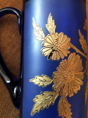 Carafa vaza sticla cobalt mare 30cm manufactura foita aur cadou antichitati foto