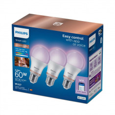 3 Becuri LED RGB inteligente Philips Bulb A60, Wi-Fi, E27, 8.8W (60W), 806 lm,