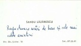 A4604N Sandu Lăzărescu, legionar condamnat de comuniști &icirc;n lotul Noica-Pillat, carte de vizită cu nota sa olografă