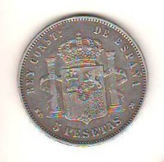 SV * Spania 5 PESETAS 1890 * ARGINT * Rege Alfonso XIII * VF +