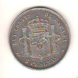 SV * Spania 5 PESETAS 1890 * ARGINT * Rege Alfonso XIII * VF + foto