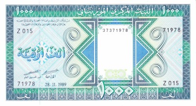 Bancnota Mauritania 1.000 Ouguiya 1989 - P7A UNC ( nepusa in circulatie - vezi descriere ) foto
