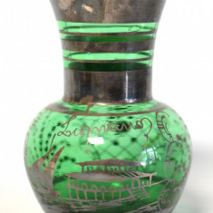 Vaza din sticla verde smarald innobilata cu argint - Lignano Murano