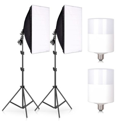 Set de lumini pentru studio cu 2 softbox plus doua becuri LED 25W, suport reglabil 80 - 200 cm, Negru foto