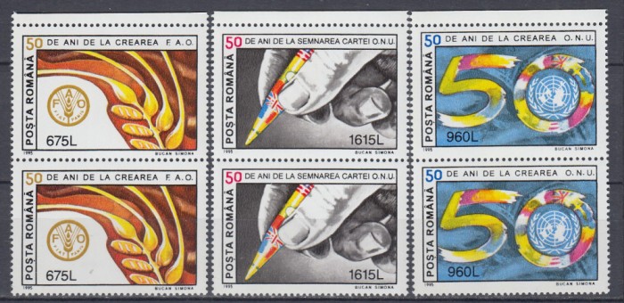 1995 LP 1373 - 75 DE ANI DE LA INFIINTAREA O.N.U. PERECHE SERII MNH