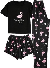 dusa Set de pijamale 3 piese pentru femei cu imprimeu in carouri Tricou ?i pantaloni scur?i Set pijama Flamingo Black X-Large foto