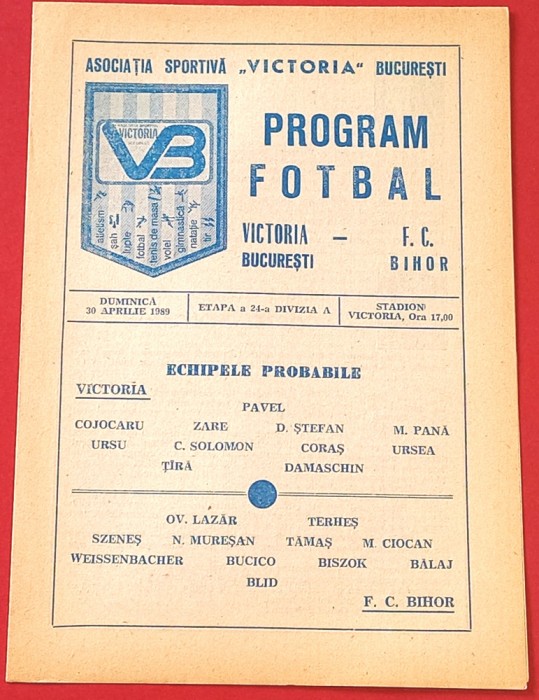 Program meci fotbal VICTORIA BUCURESTI - FC BIHOR ORADEA (30.04.1989)