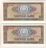 SV * Romania RSR * LOT 2 x 5 LEI 1966 * SERII CONSECUTIVE * H.0180 * AUNC +