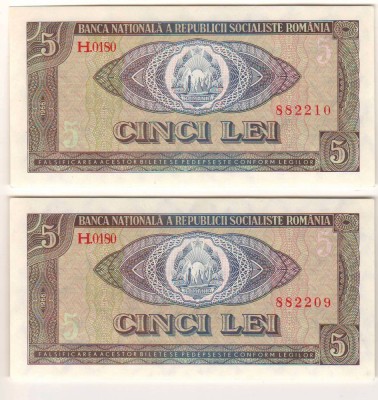 SV * Romania RSR * LOT 2 x 5 LEI 1966 * SERII CONSECUTIVE * H.0180 * AUNC + foto