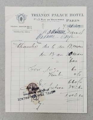 8.CHITANTA ELIBERATA FAMILIILOR DOCTORULUI CONSTANTIN DANIEL SI ANTON CARP , DE HOTELUL &amp;#039; TRIANON PALACE &amp;#039; DIN PARIS , 1932 foto