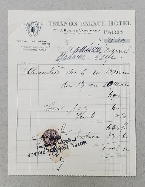 8.CHITANTA ELIBERATA FAMILIILOR DOCTORULUI CONSTANTIN DANIEL SI ANTON CARP , DE HOTELUL &#039; TRIANON PALACE &#039; DIN PARIS , 1932