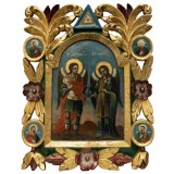 Icoană pe lemn &bdquo;Sf. Arhangheli Mihail și Gavril&rdquo;, școală rusească, cu friză vegetală, posibil parte dintr-un iconostas, sec. XIX