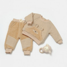 Set bluza cu buzunar si pantaloni Ursulet, Winter muselin, 100% bumbac dublat - Apricot, BabyCosy (Marime: 12-18 Luni)