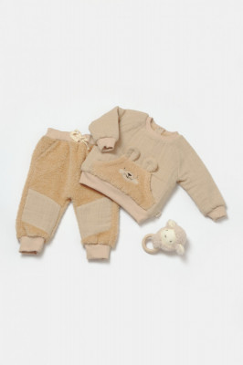 Set bluza cu buzunar si pantaloni Ursulet, Winter muselin, 100% bumbac dublat - Apricot, BabyCosy (Marime: 6-9 luni) foto