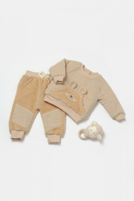 Set bluza cu buzunar si pantaloni Ursulet, Winter muselin, 100% bumbac dublat - Apricot, BabyCosy (Marime: 6-9 luni)