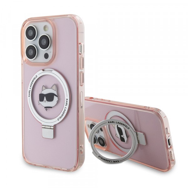 Husa MagSafe pentru Apple iPhone 15 Pro, Karl Lagerfeld, Ring Stand Choupette&#039;s Head, Roz