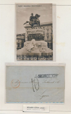 Italy 1852 Postal History Rare Postcard + Stampless Cover Milan to Lyon DG.015 foto