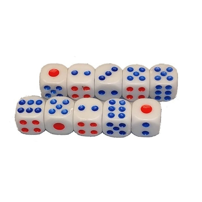 Set 10 zaruri albe cu puncte albastre si rosii, 13 mm, pentru jocuri de societate sau jocuri de noroc