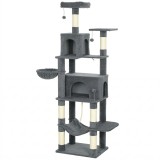 PawHut Arborele pentru Pisici mare, 202 cm, cu 6 St&acirc;lpi de Zg&acirc;riat, 2 Hamace, 2 Stinghii, 2 Pompoane, Gri inchis | Aosom Romania