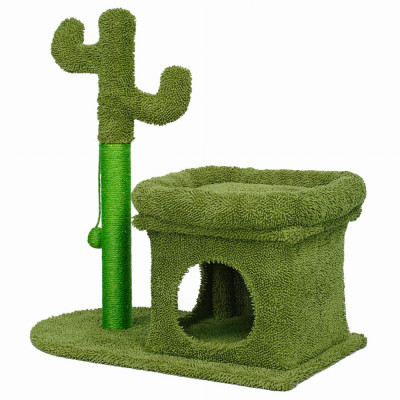 Ansamblu de joaca pentru pisici, Jumi, model cactus, cu stalp catarare, culcus, ciucure, verde, 63x40x72 cm foto