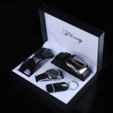 Set Cadou Barbati Fancy: Ceas Quartz Elegant, Curea Piele, Ochelari Soare, Breloc Chei - Negru