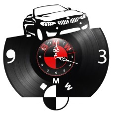 Ceas de perete decorativ realizat din disc de vinil, Model BMW Cabrio / Decapotabila Auto, Negru, 30 cm
